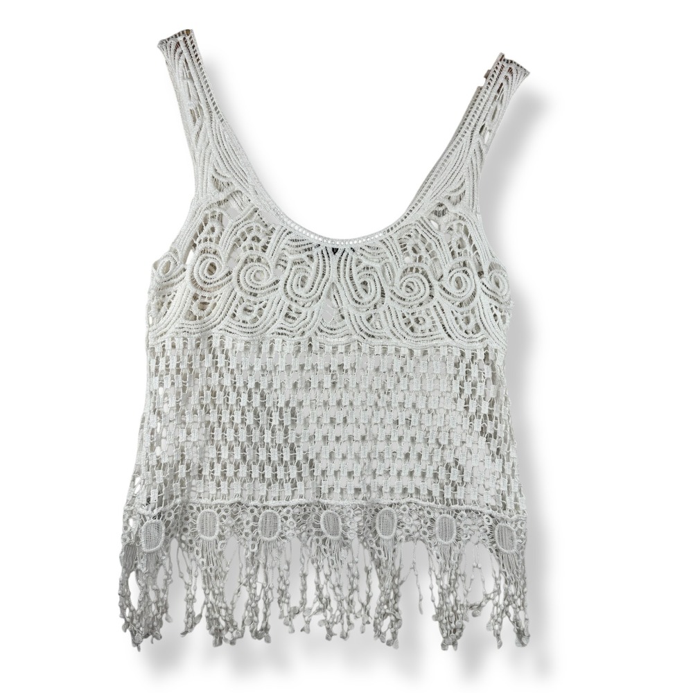Crocker Jeans Crochet Lace Tank Top Womens Size L‎ XL Fringe Boho Fairy Festival